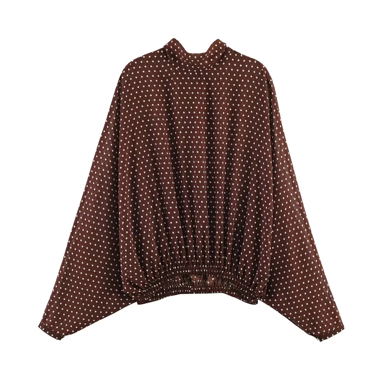 ETJ Women's Polka Dot Blouse Skirt Set 2026 Spring High Neck Batwing Sleeve Sheer Front Tie Bow Midi A-Line Dress Set