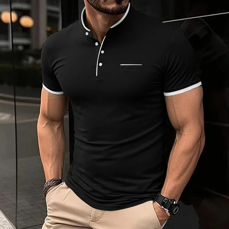 Men's Stand Collar Polo Tee – Solid, Anti-Wrinkle