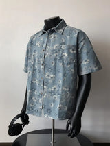 2025 Summer New Floral Short Sleeve Men's Denim Shirt Thin American Retro Layered Wear Outerwear Jacket Breathable Polyester
