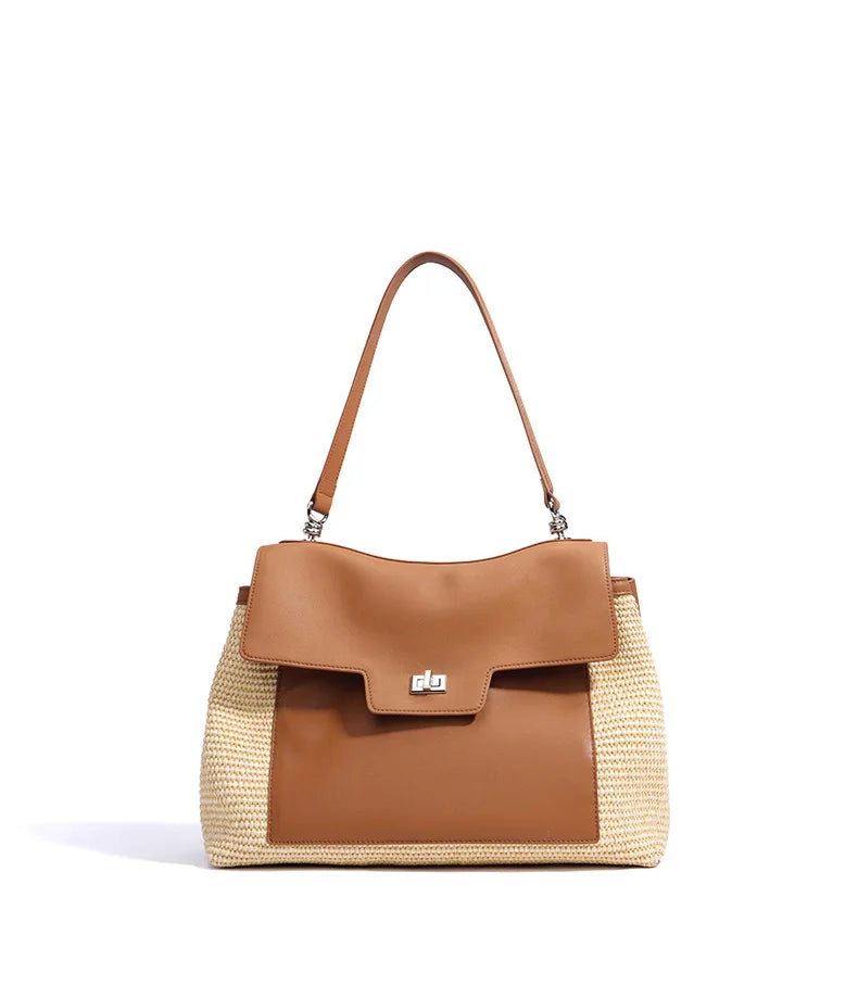Summer 2026 Women's Raffia Woven Tote Bag Split Leather Crossbody Straw Messenger Bag Grass Weaving Shoulder Bag for Ladies New