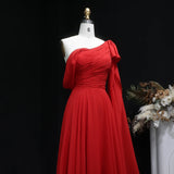 Sharon Said Red Off-Shoulder Satin Evening Gown with Bow Cape