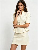 LIMO 2026 New Arrival Pink Tweed 2 Piece Outfit, Women's Elegant Peplum Top with Mini Skirt, Puff Sleeve Formal Suit