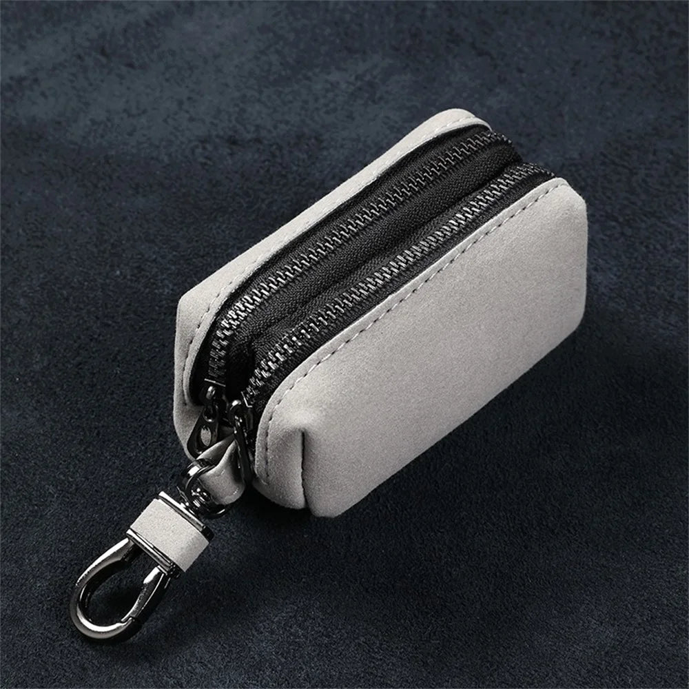 Portable Keychain Wallet for Men Women Large-Capacity Double Zipper Key Pouch Bag Suede Leather Key Case Unisex Coin Purse