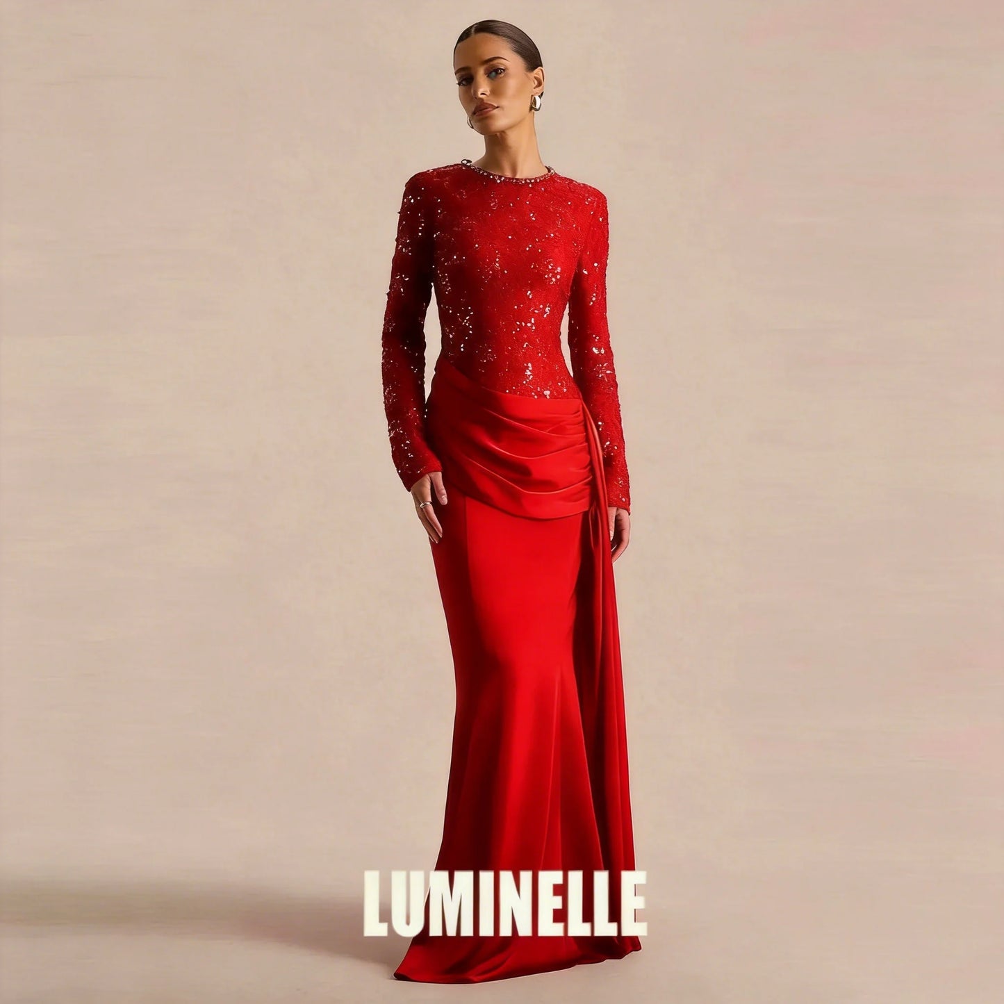 Satin Lace Sequin Evening Gown – Floor-Length Formal Dress