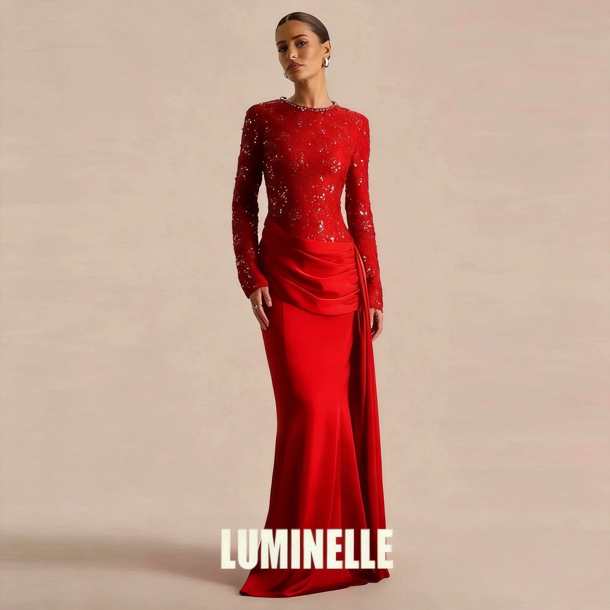 Satin Lace Sequin Evening Gown – Floor-Length Formal Dress