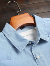 Men Light Blue Washed Denim Shirts Long Sleeve Button Down Casual Shirts With Dual Chest Pockets Western Style Work Shirts