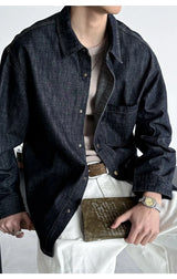 Men's American Vintage Washed Raw Denim Work Shirt Loose Fit Casual Trendy Overshirt Coat Premium Lyocell Spring Fall Streetwear