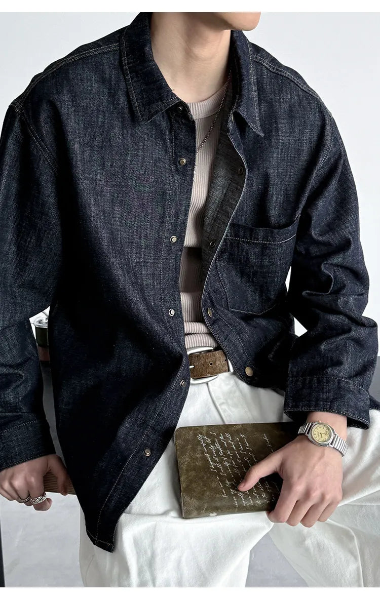 Men's American Vintage Washed Raw Denim Work Shirt Loose Fit Casual Trendy Overshirt Coat Premium Lyocell Spring Fall Streetwear
