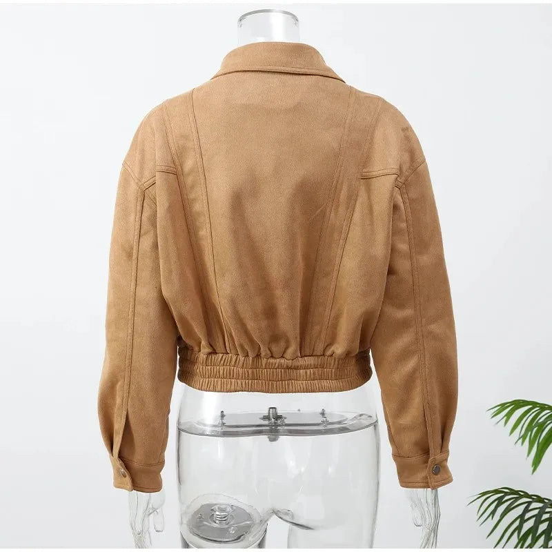 Brown Retro Suede Lapel Zippered Short Jackets Women's Casual Full Sleeves Pocket Loose Coats 2026 Spring Daily Commute Outwear