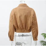 Brown Retro Suede Lapel Zippered Short Jackets Women's Casual Full Sleeves Pocket Loose Coats 2026 Spring Daily Commute Outwear