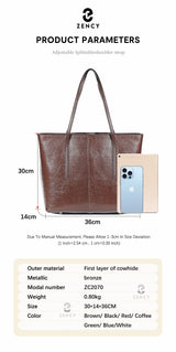 New Coffee Women Handbag 100% Genuine Leather Ladies Shoulder Purse Ladies Black Tote Bag Large Capacity Shopper Bags Brown