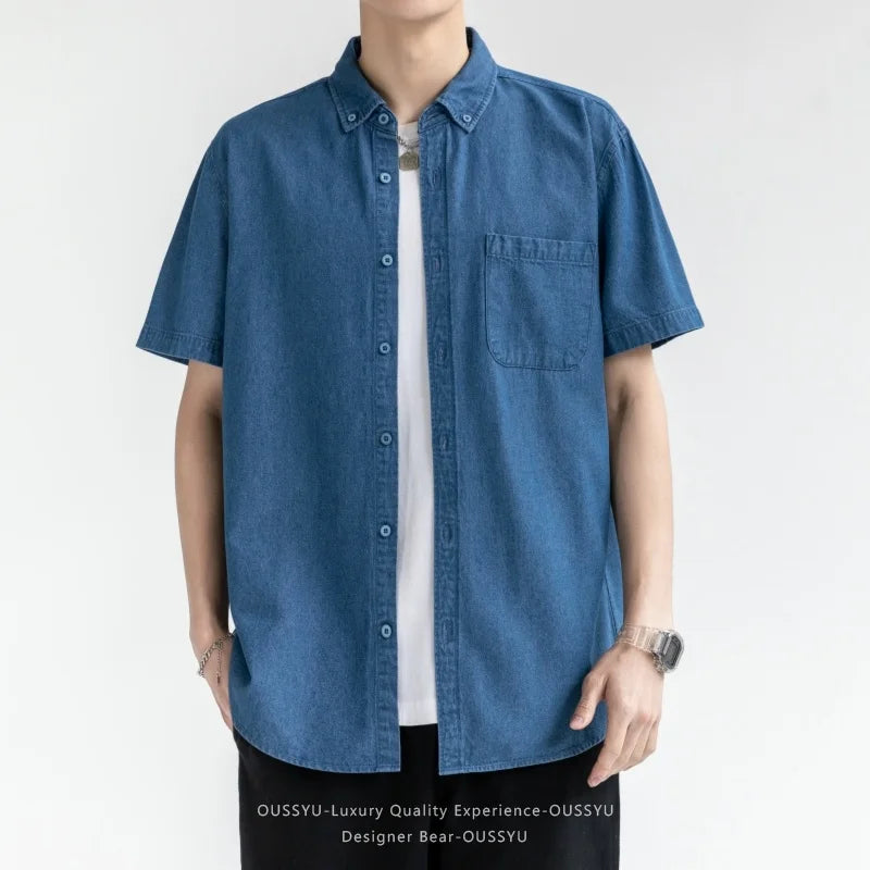Men's Denim Shirt Long Sleeve Casual Outerwear Youth 2026 Fashion Streetwear Light Blue Button Up Top with Pockets Jeans Shirt