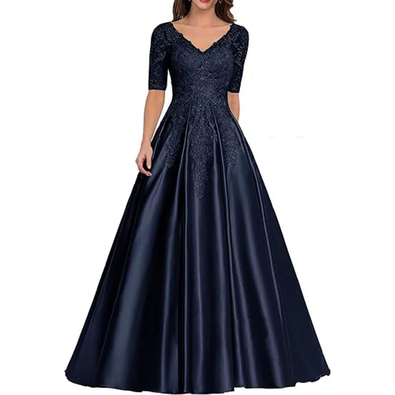 A Line Women Evening Dresses Satin Appliques V Neck Prom Party Gowns Formal Occasion robes de soirée