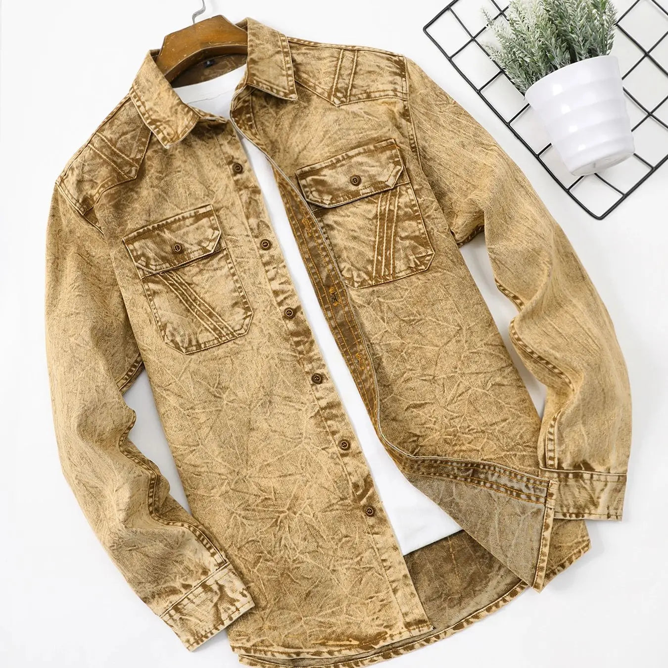 Men's retro denim shirt, long-sleeved, fashionable new style, casual coat, high-end sense, double pockets, washed denim shirt, l