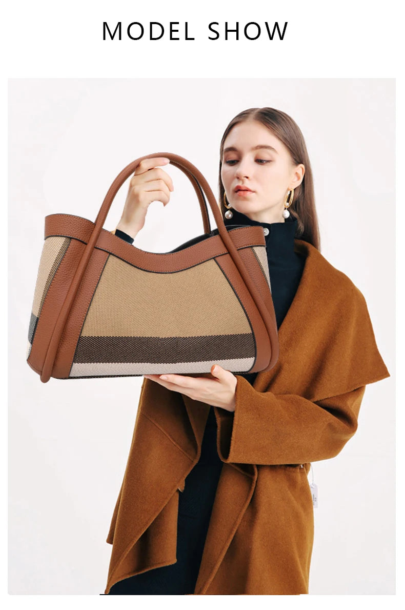 Aidrani  New retro checkered women's handbag, large capacity luxury bag, canvas genuine leather bag