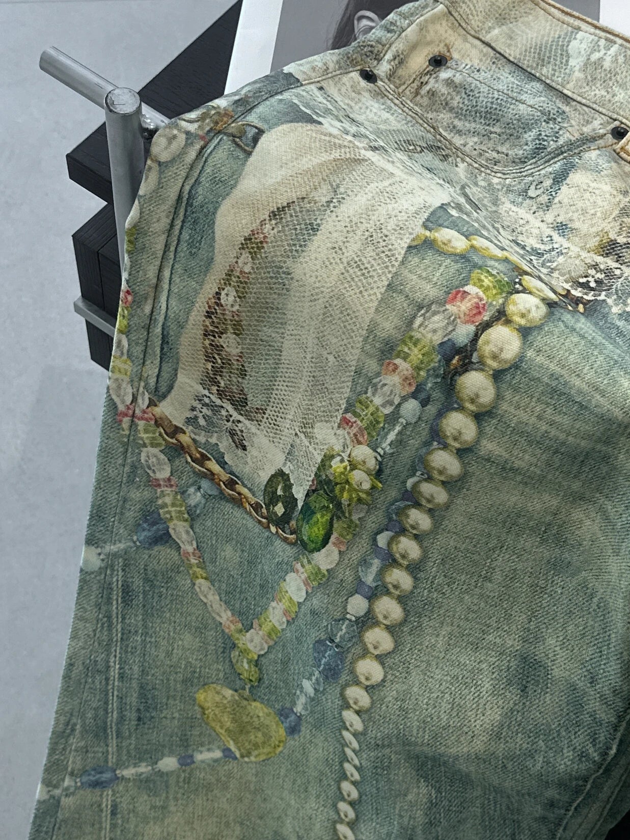 3D Pearl Chain Trompe L'Oeil Straight-Leg Jeans