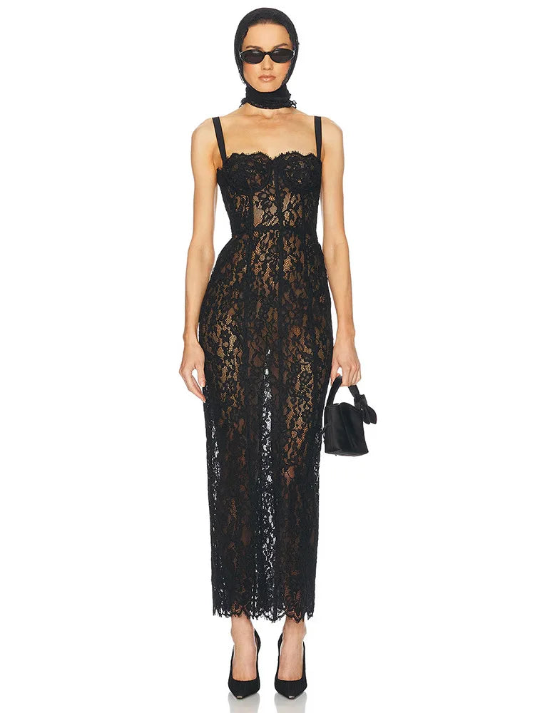 Elegant V-Neck Lace Maxi Dress