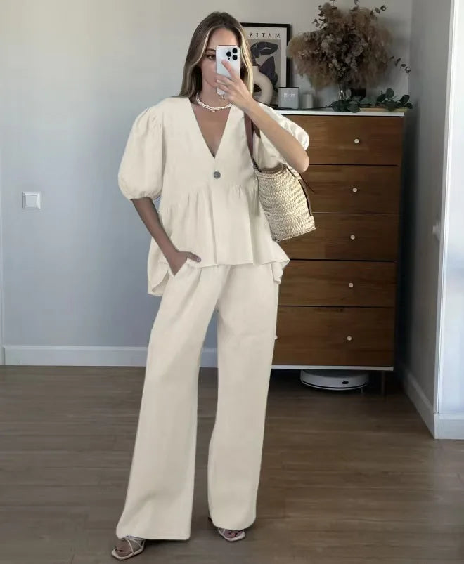 2025 New Women Solid Color V-Neck Bubble Short-Sleeved Trousers Suit Summer Women Short T-Shirt Top + Long Pants Two Peice Sets