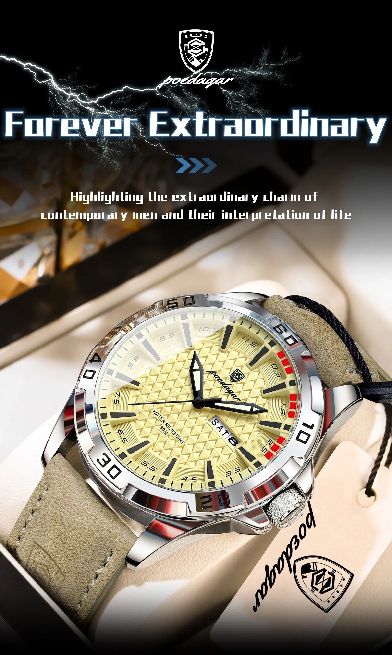 POEDAGAR Original Business Man Wristwatch Waterproof Luminous Date Week Casual Watch For Men Quartz Leather Luxury Fashion Men's Watches Reloj