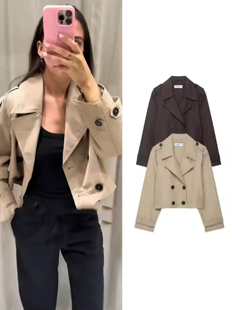 Classic Lapel Double-Breasted Short Trench