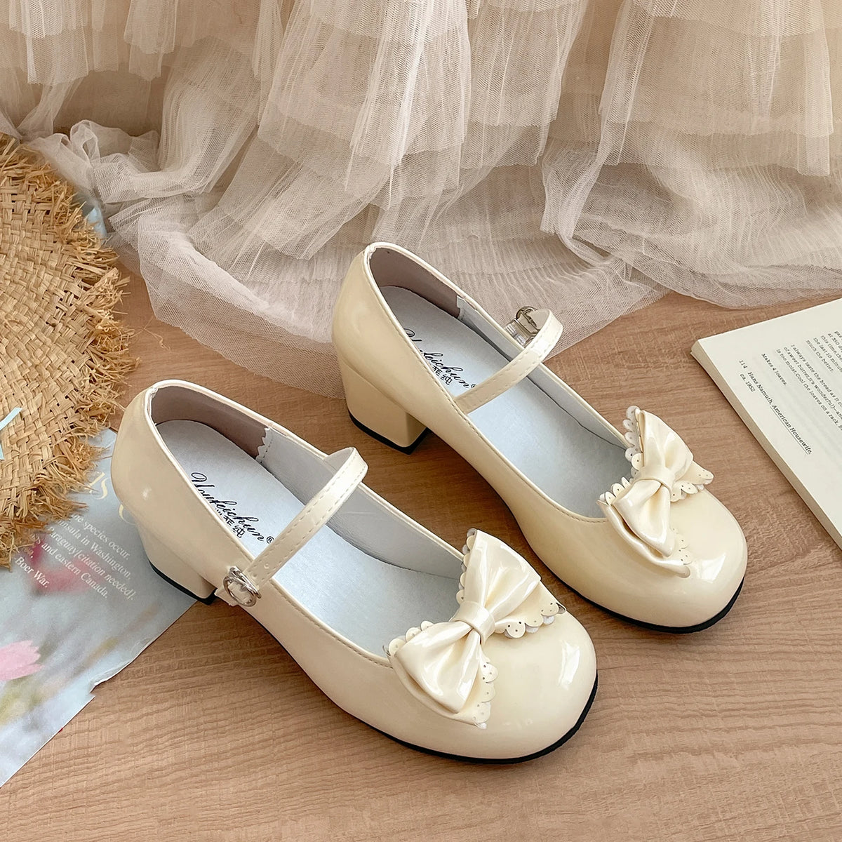 Cute Butterfly-knot Women Lolita Mary Jane Shoes Concise Thick Heel Leather Shoes Ladies Shallow Pumps