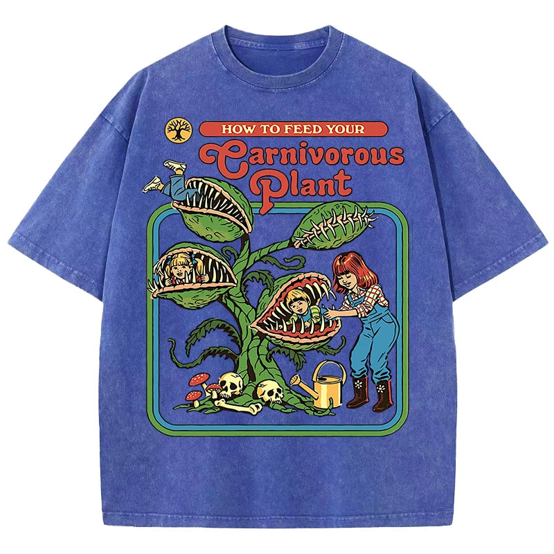 Earnivorous Plant Pattern Washed T-Shirts Men Breathable Cotton Casual T Shirt Soft Summer Comfortable Crewneck Short Sleeve