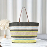 UOSU Woven Straw Tote — Large Contrast Stripe Beach Bag