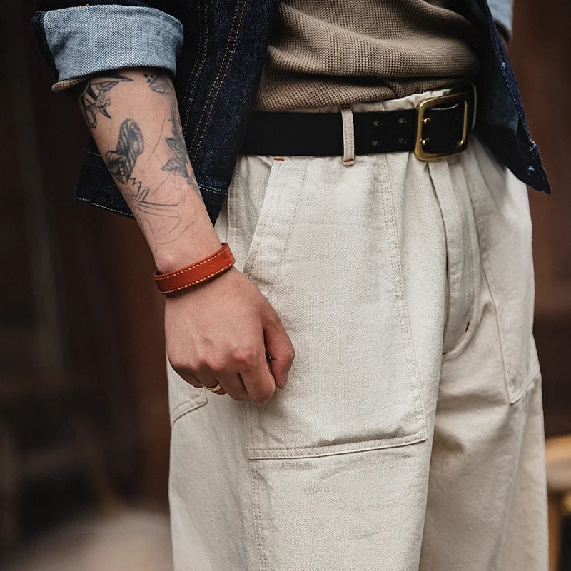 Maden Vintage 11.2oz White Cottonseed Hull Jeans Casual Loose Fit Straight Trousers for Men's Spring and Fall Chino Cargo Pants