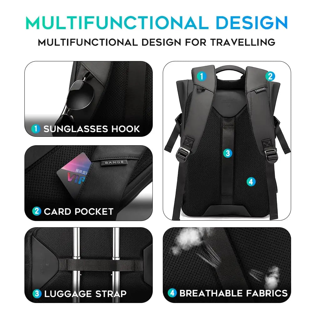Bange Men Fashion Backpack 15.6 inch Multifunctional Waterproof Backpack Daily Travel Bag Casual School Rucksack with Buckle
