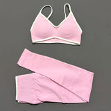 2Pcs HISTELLO Women's Seamless Yoga Fitness Set Ignite Sculpt Scrunch Leggings Strappy Halter Bra Gym Sports Fitness Outfit