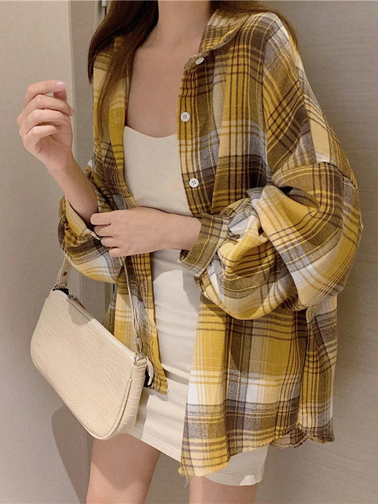 Vintage Plaid Long-Sleeve Blouse