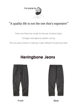 Maden Retro 12.8oz Grey Striped Jeans Straight Fit Zip Fly with Pockets Versatile Herringbone Trousers for Men's Spring and Fall
