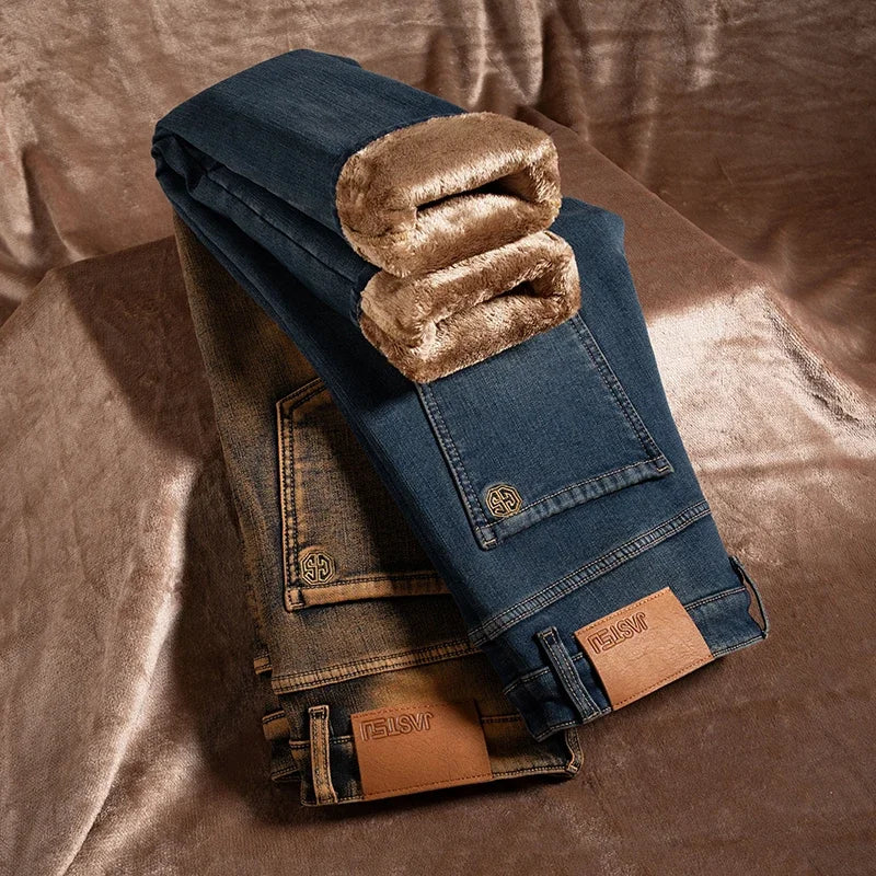High Quality Brown Winter Jeans Men's Thickened Velvet Warm Elastic Straight Denim Pants Fashion Vintage Korean Plush Trousers