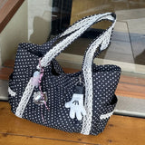 Women Niche Sweet Lace Shoulder Bag Korean Style Vintage Polka Dot Canvas Handbag Large Capacity Multi Pocket Commuting Tote Bag