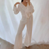 Linad Casual Loose Apricot Outfits Fashion Ruffles Flare Sleeve Blouse With High Waist Pant 2 Piece Sets Summer Long Pants Suits