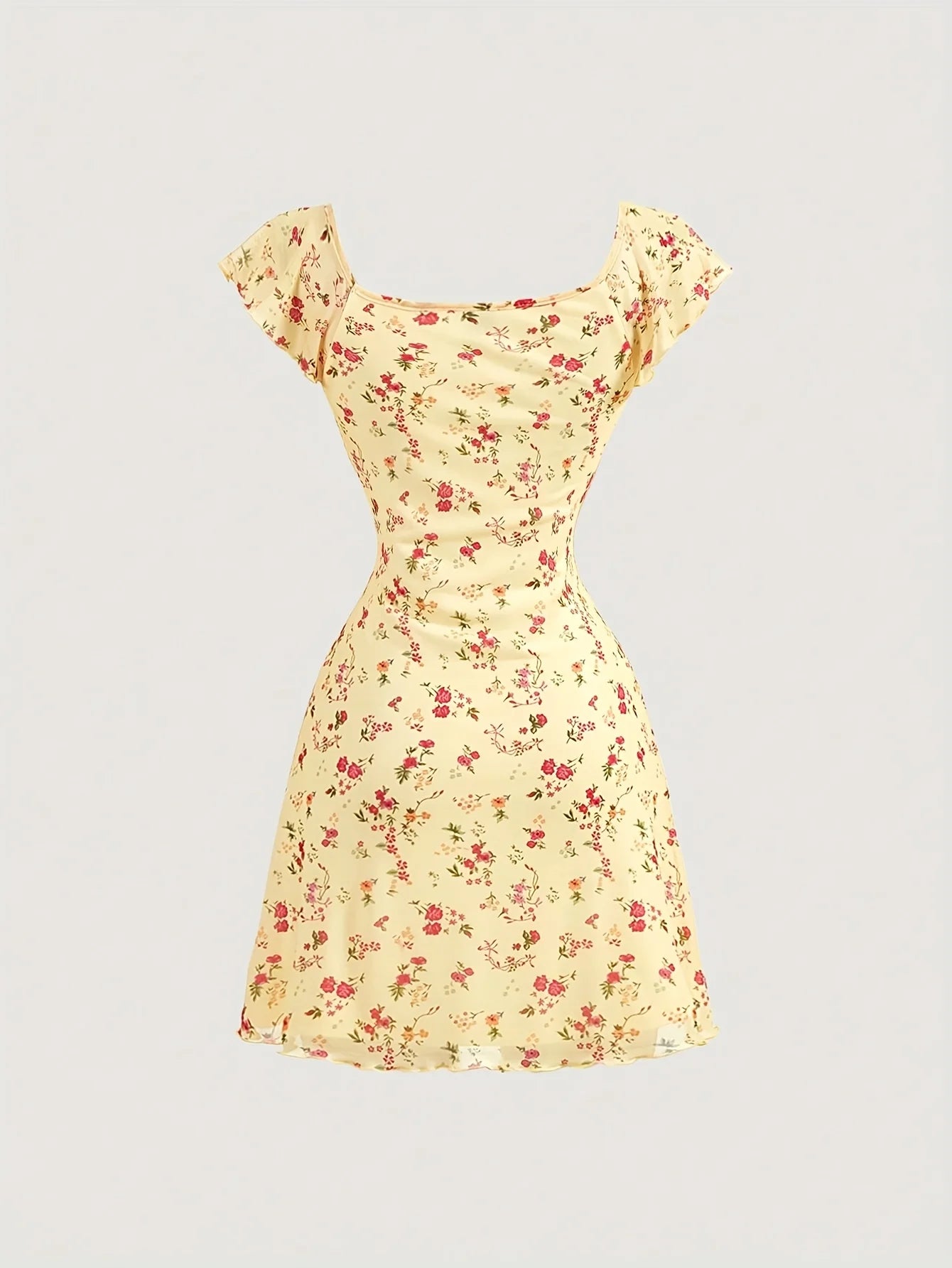 Floral Summer A-Line Dress – Ruffled Square Neck Backless Party Mini