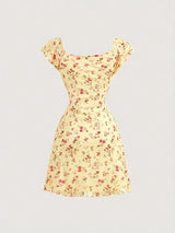 Floral Summer A-Line Dress – Ruffled Square Neck Backless Party Mini