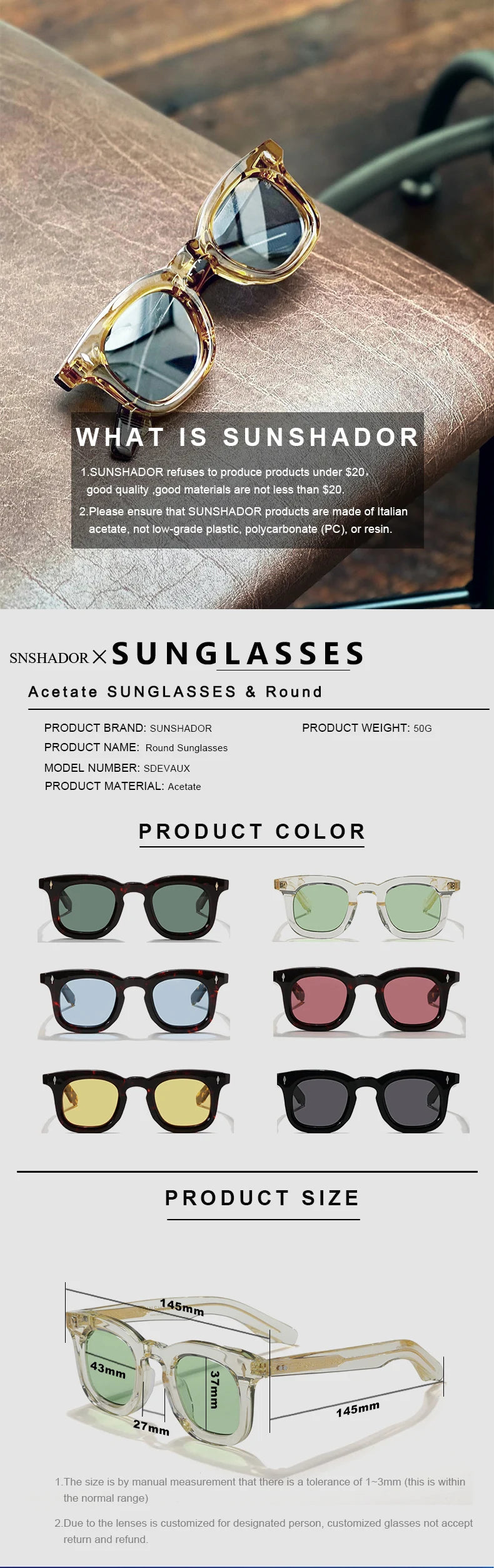 Handcrafted Acetate Round Sunglasses – UV400 Protection
