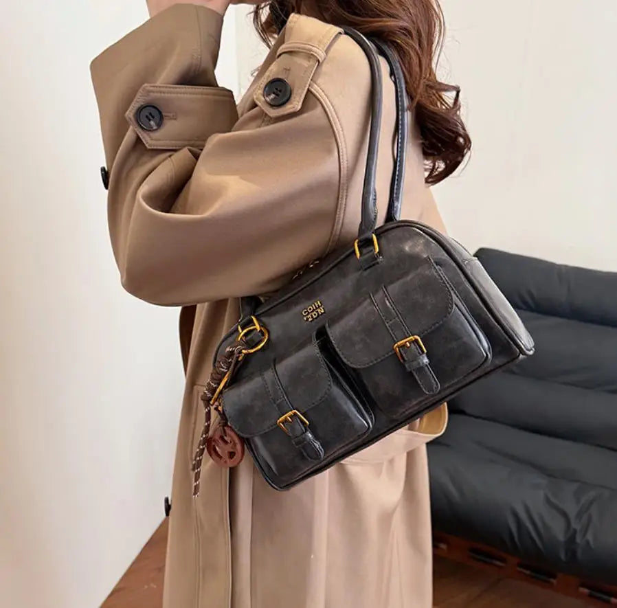 Women’s Coffee Brown Multi-Pocket Shoulder Bag | Vintage PU Leather Crossbody