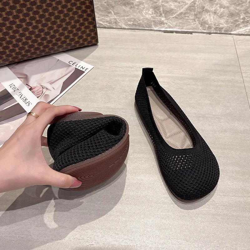 Big Size 42 Women Flats Knitted Breathable Sneakers Ladies Soft Bottom Ballet Loafers Casual Slip on Boat Shoe for Woman