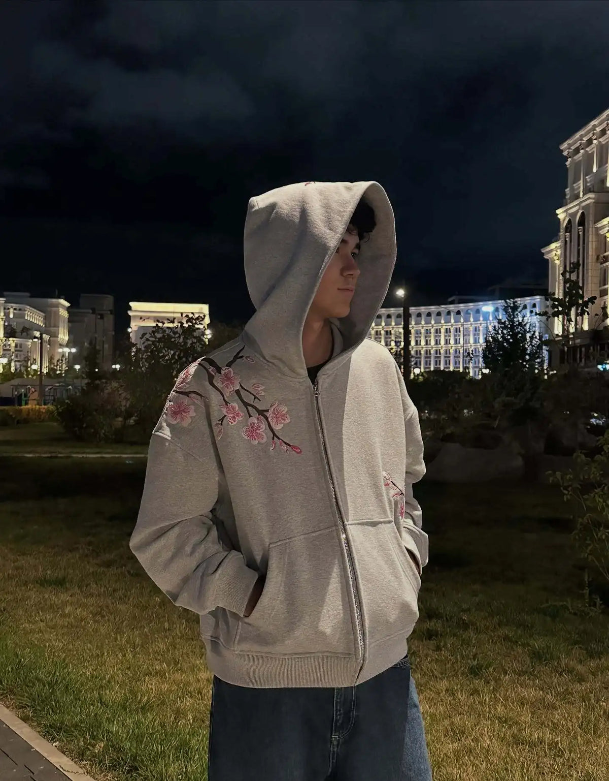 Cherry Blossom Embroidered Zip-Up Hoodie