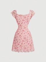 Floral Summer A-Line Dress – Ruffled Square Neck Backless Party Mini