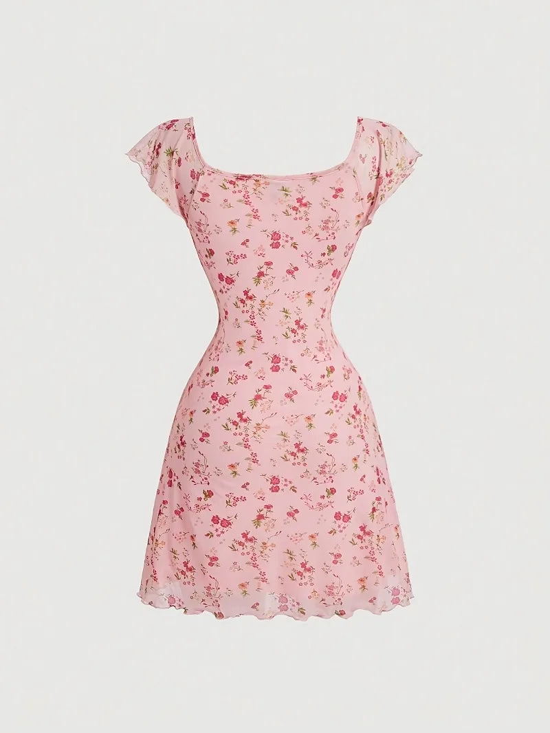 Floral Summer A-Line Dress – Ruffled Square Neck Backless Party Mini