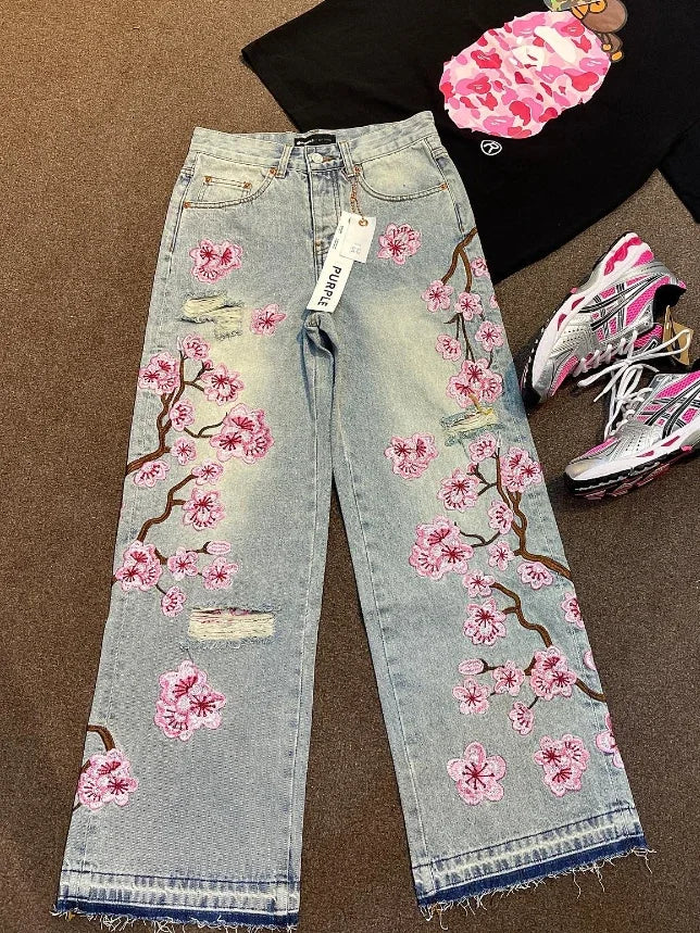 Retro Cherry Blossom Embroidered Wide Leg Y2K Jeans