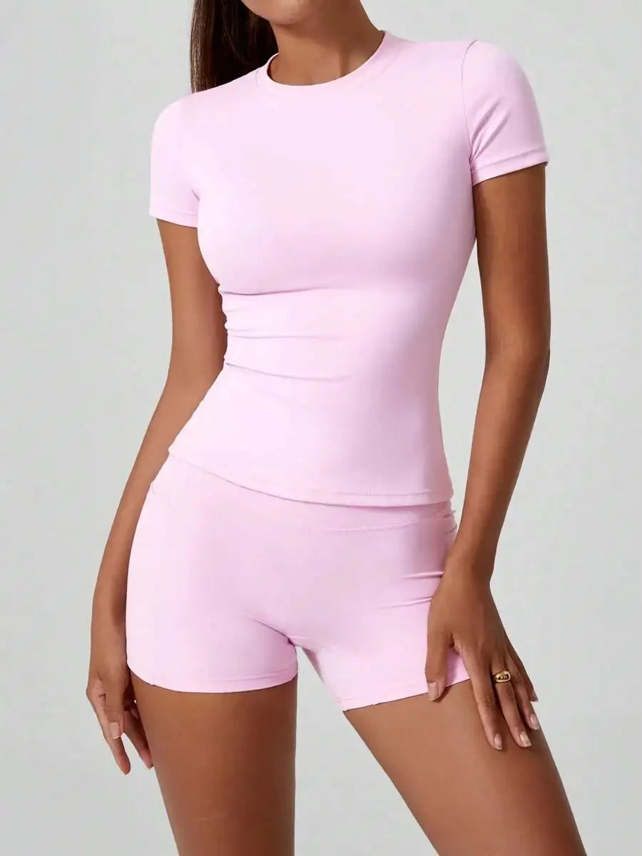 Women's Sculpting Sports Short Sleeve & High-Waist Shorts Set