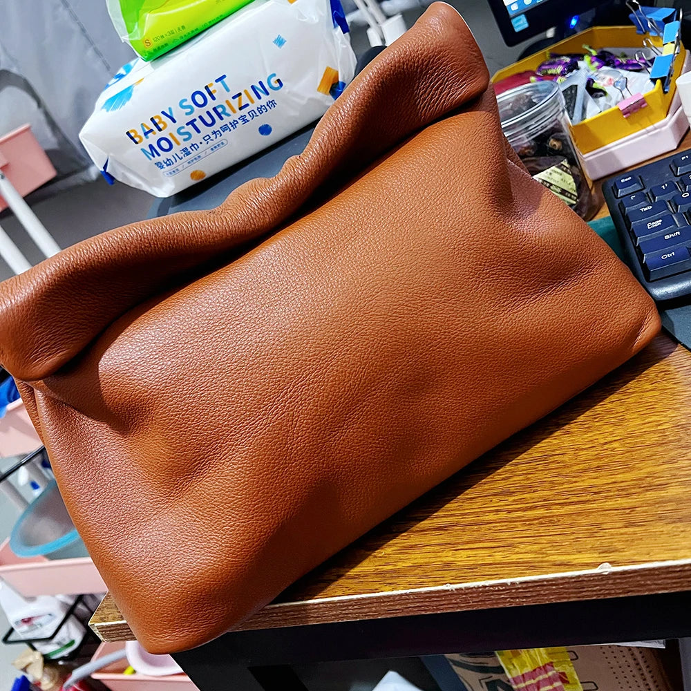 100% Genuine Leather Cowhide Handbag High Quality Leather Women's Foldable Designer Handbag Simple Magnet Handle Bags