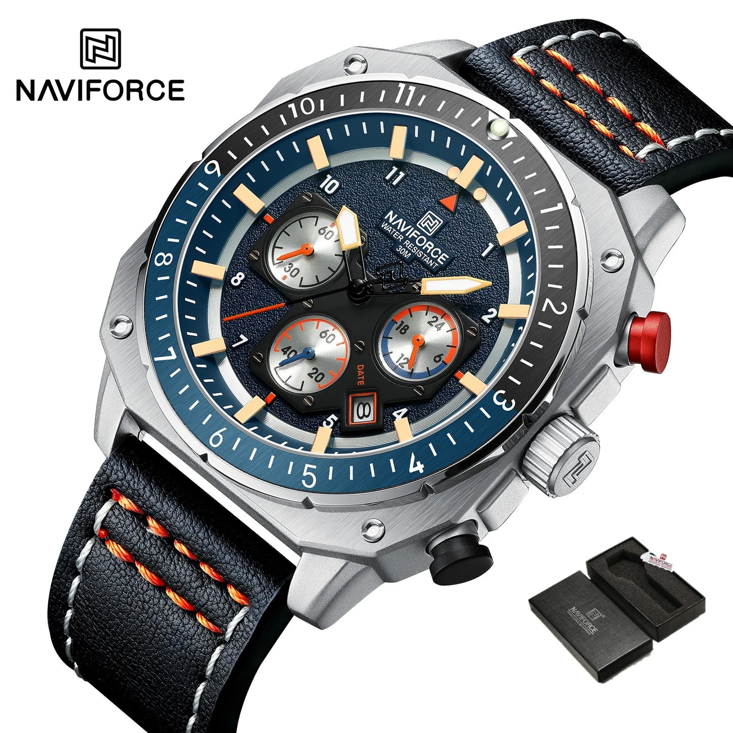 NAVIFORCE Sports Multifunction Waterproof Watches for Men Fashion Leather Luxury Brand Quartz Analog Luminous Square Wrist Watch