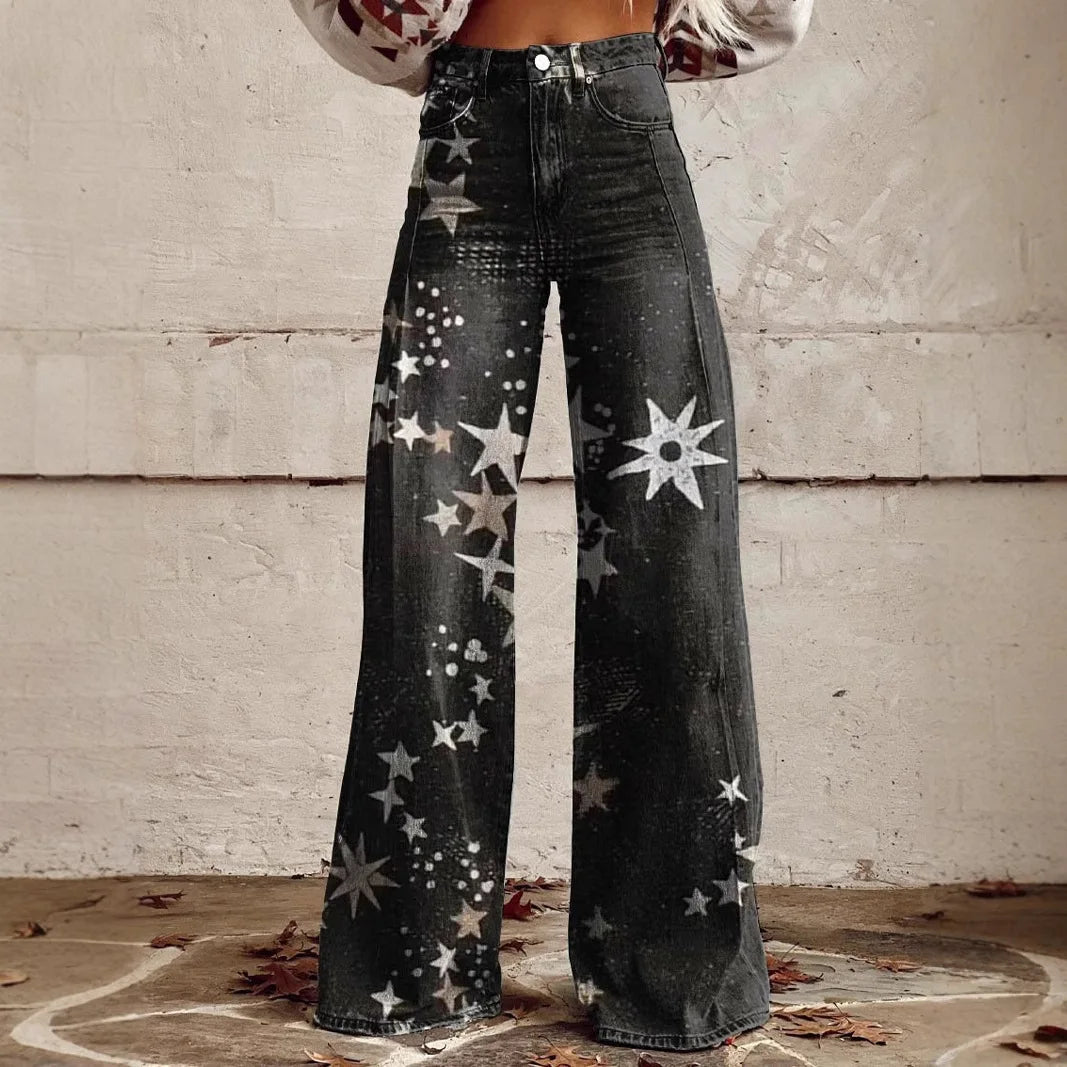 Women’s Retro Denim-Print Flared Trousers | USA Street Style Leg-Lengthening Tall Pants