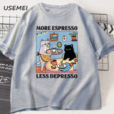 More Espresso Less Depresso Black Cat T-shirt Men Women Funny Coffee Cat T Shirt Casual Summer Cotton Short Sleeve Tshirt Tops