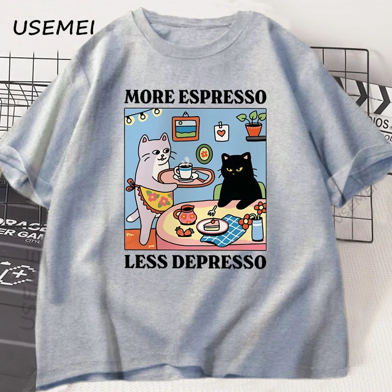More Espresso Less Depresso Black Cat T-shirt Men Women Funny Coffee Cat T Shirt Casual Summer Cotton Short Sleeve Tshirt Tops